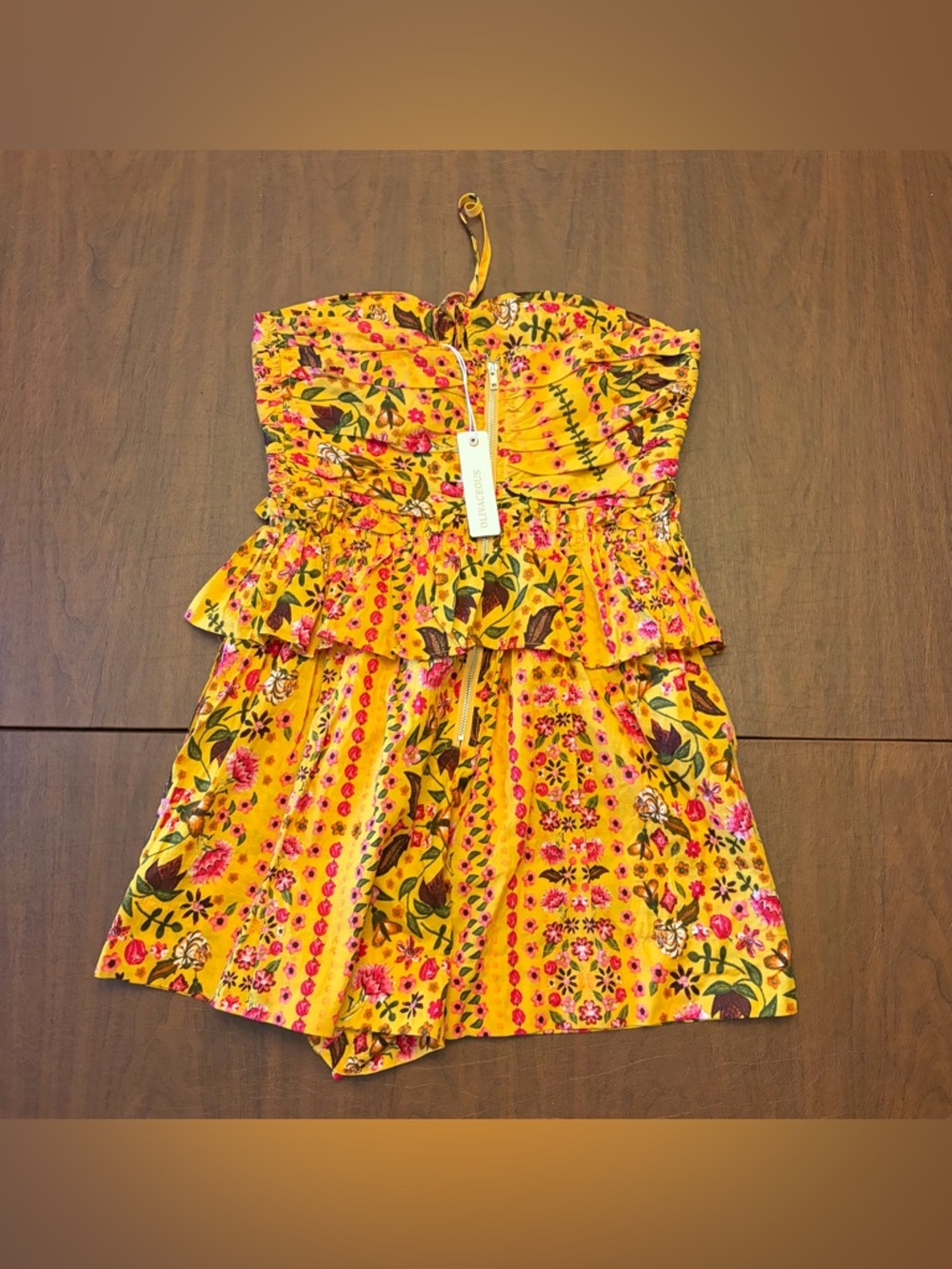 Olivaceous Yellow Floral Strapless Romper with Pink and Green Accents - Picture 2 of 7